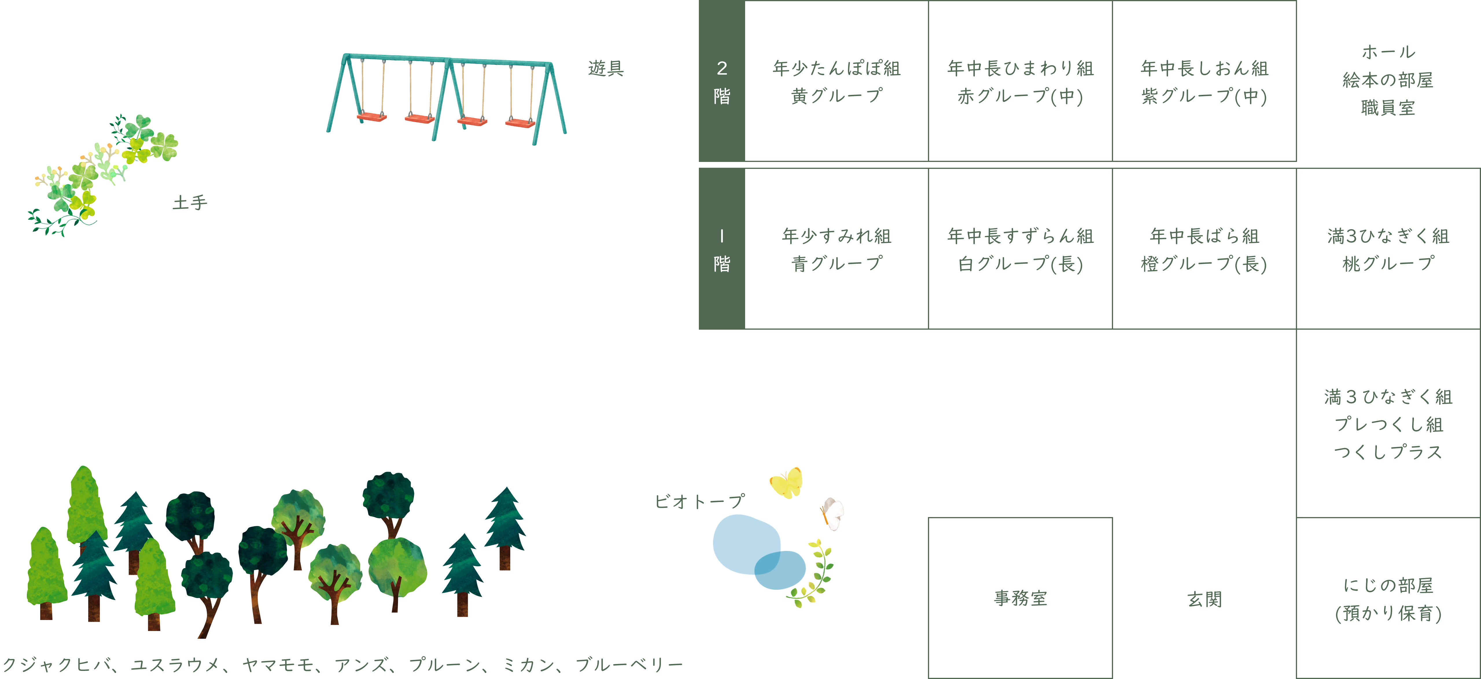 1階には各保育室があり、2階にはホールと絵本の部屋があります。また園庭には遊具や土手があり、クジャクヒバ、ユスラウメ、ヤマモモ、アンズ、プルーン、ミカン、ブルーベリーの木々が植えてあります。
